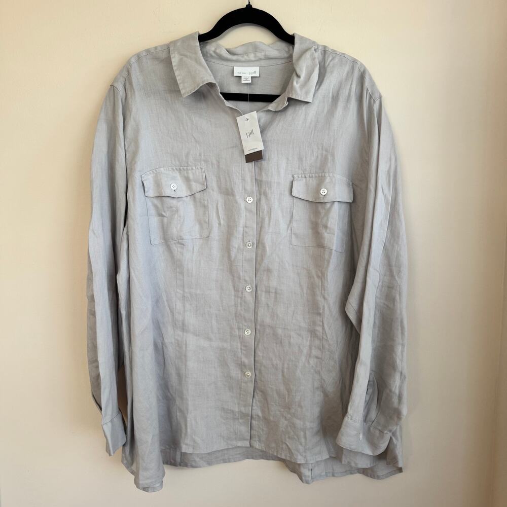 New J.Jill Love Linen Button Down Shirt Top Gray Sz 3X Long Sleeve